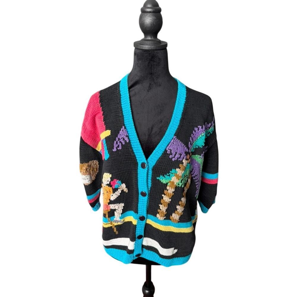 Vintage Berek Hand Knit Sweater Tropical Beach Scene 🏝️